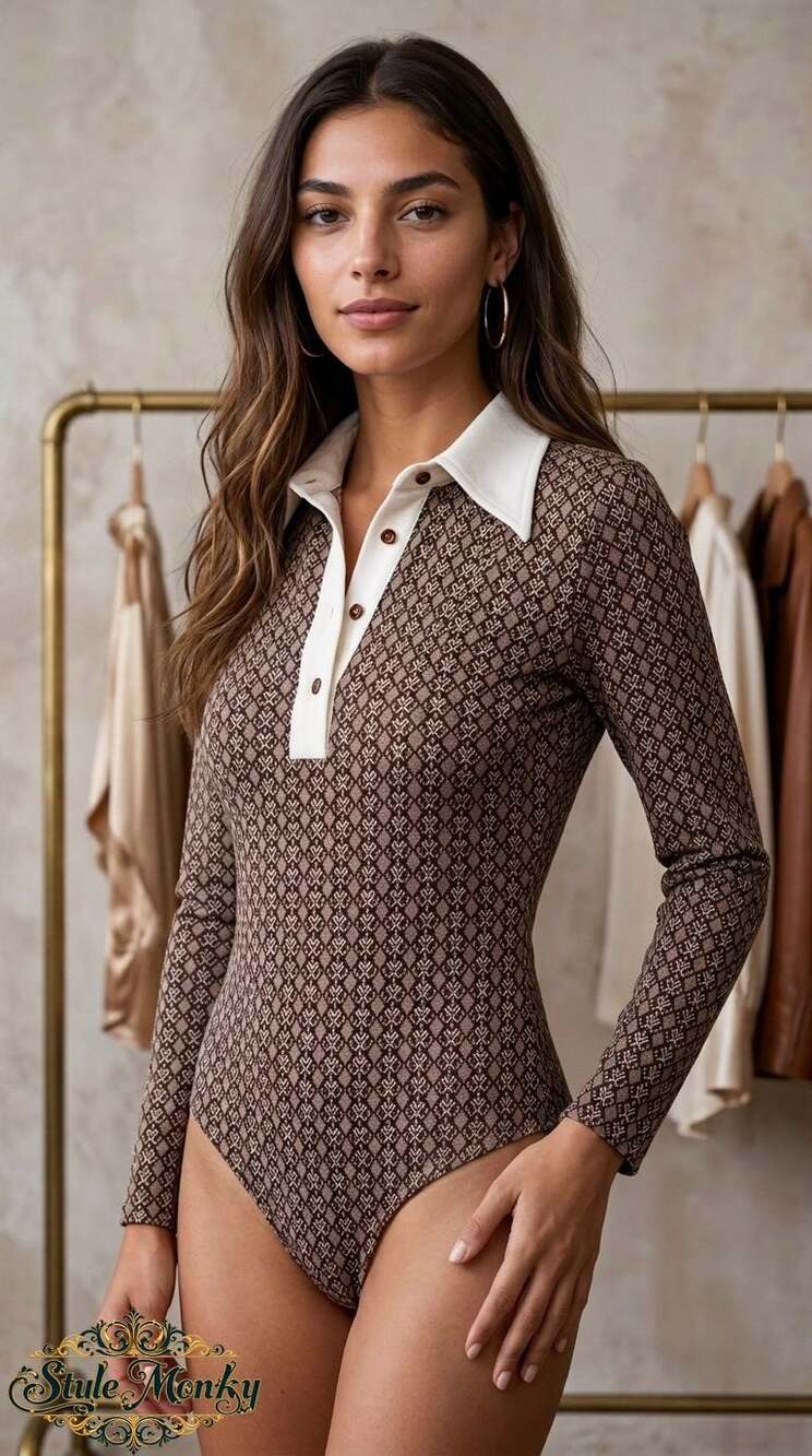 Vintage Brown Geometric Knit Long Bodysuit with Contrast White Collar